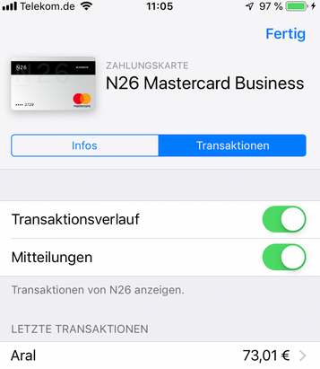 Apple-Pay Umsatz sichtbar in Wallet und Information als Push-Nachricht