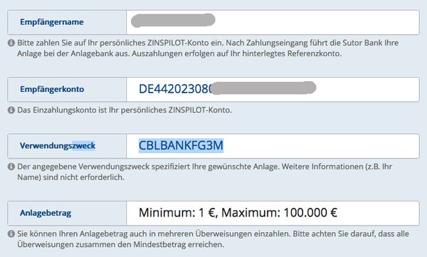 Sofortüberweisung an Zinspilot